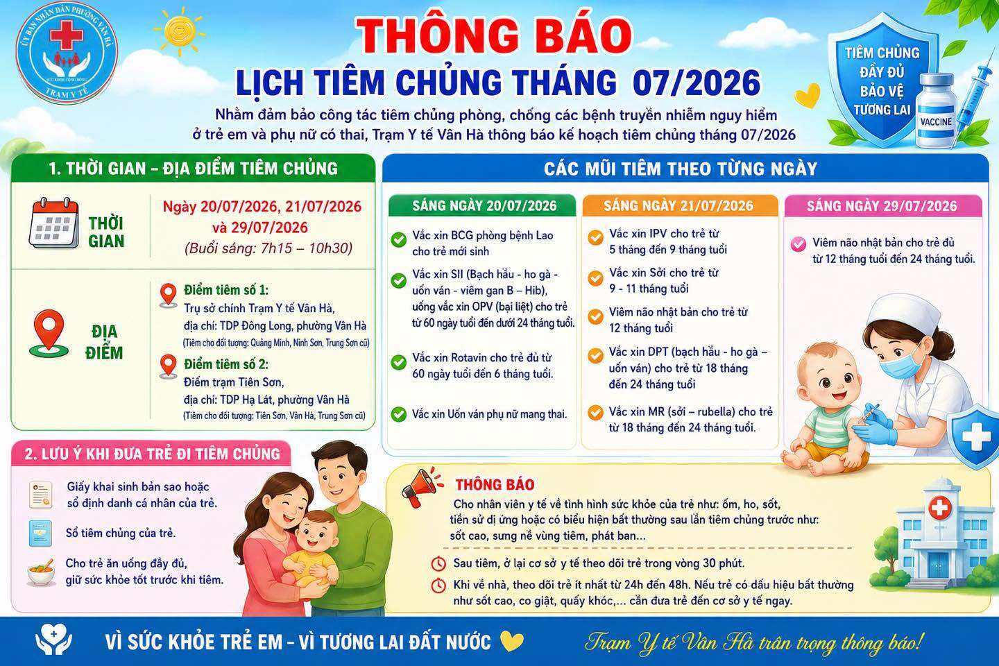 THÔNG BÁO LỊCH TIÊM CHỦNG THÁNG 07/2026