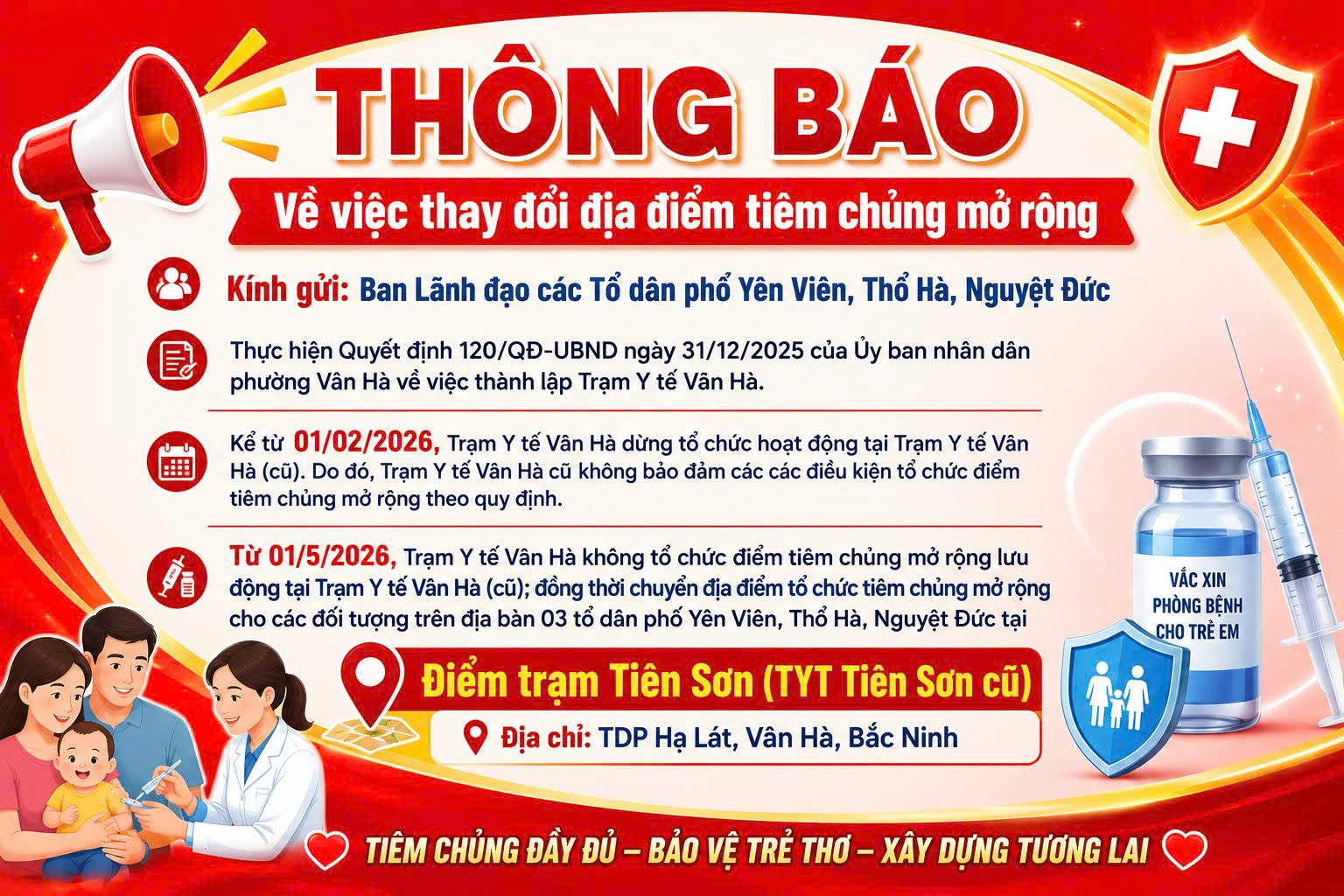 THÔNG BÁO VỀ VIỆC THAY ĐỔI ĐỊA ĐIỂM TIÊM CHỦNG MỞ RỘNG