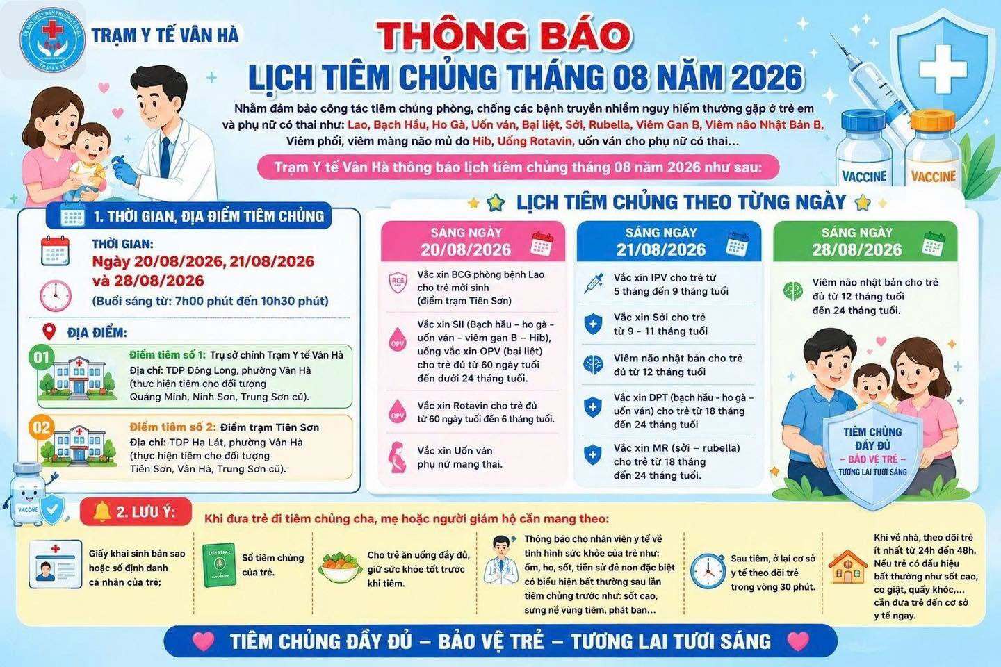 THÔNG BÁO LỊCH TIÊM CHỦNG THÁNG 8/2026 TẠI TRẠM Y TẾ VÂN HÀ