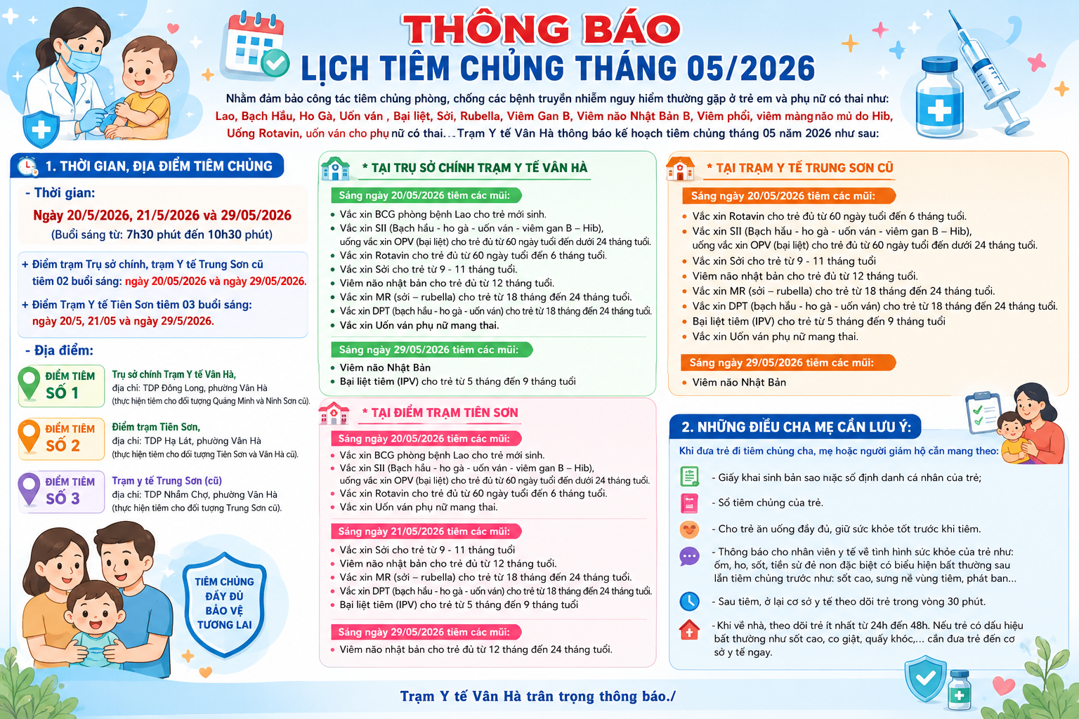 🔔TRẠM Y TẾ VÂN HÀ THÔNG BÁO LỊCH TIÊM CHỦNG MỞ RỘNG THÁNG 05/2026