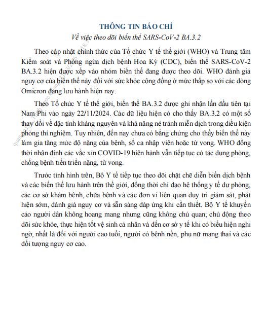 THÔNG BÁO CỦA BỘ Y TẾ VỀ BIẾN THỂ MỚI CỦA COVID-19(SARS-CoV-2 B.A.3.2